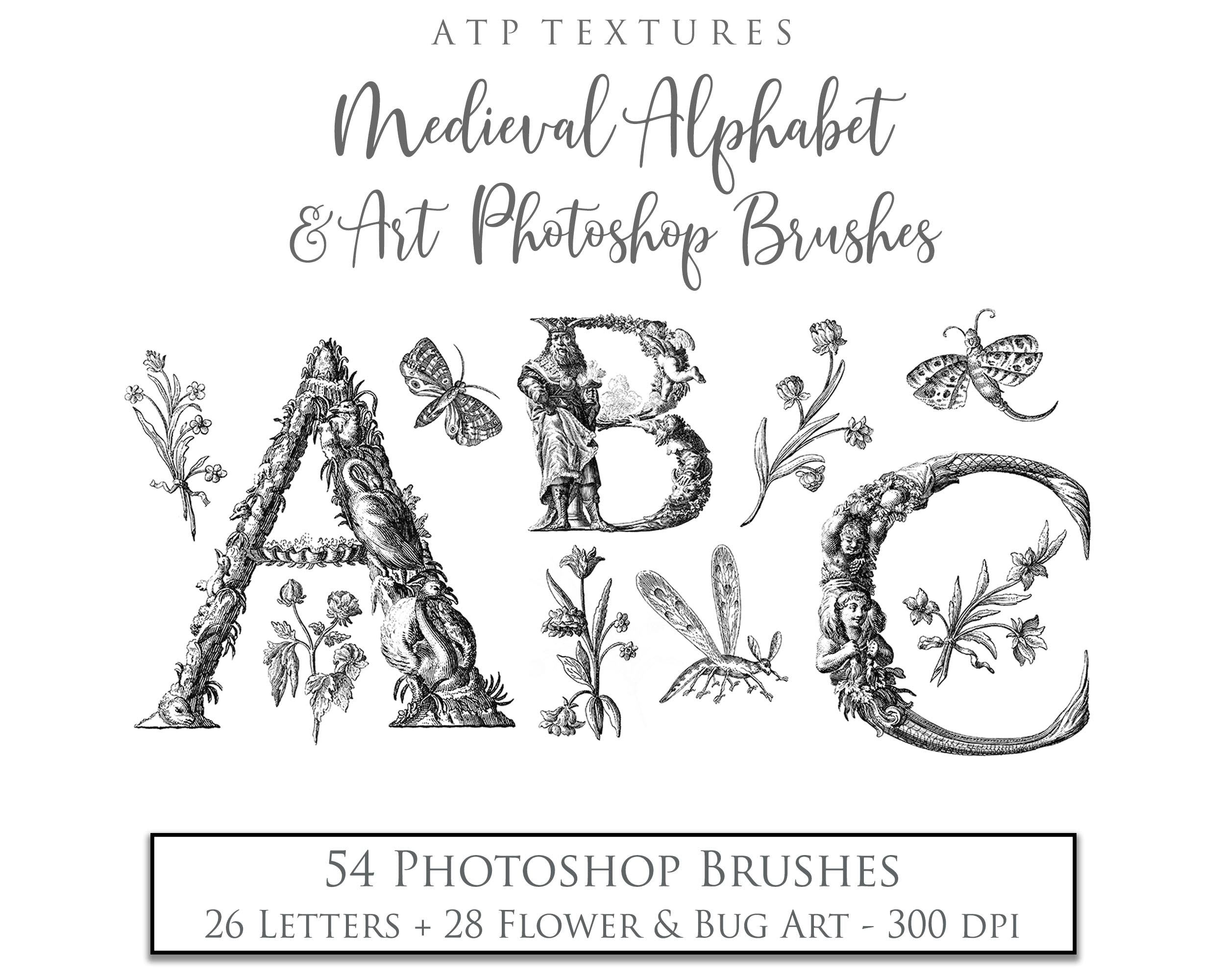 Photoshop brushes for photography and digital design.  Alphabet letters from medieval images. Flowers and bugs. High resolution digital files.  ATP Textures